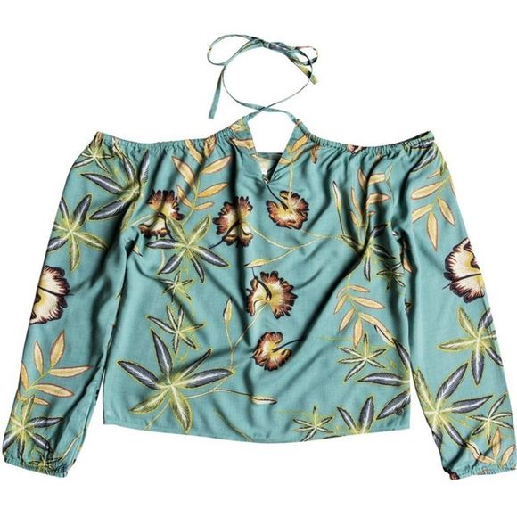 NWT ROXY Paradise Eyes off the shoulder 3/4 sleeve tie neck floral Top blue - Picture 7 of 8